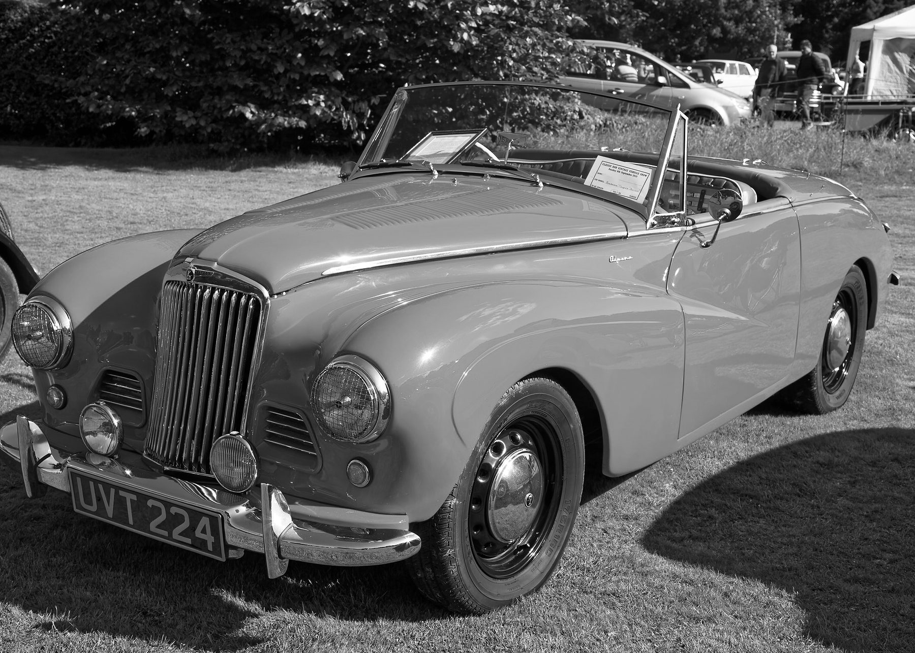 An open two-seater sports car with a tall upright grille, round headlamps and chrome bumpers stands on a lawn, trees and a few parked cars behind it.